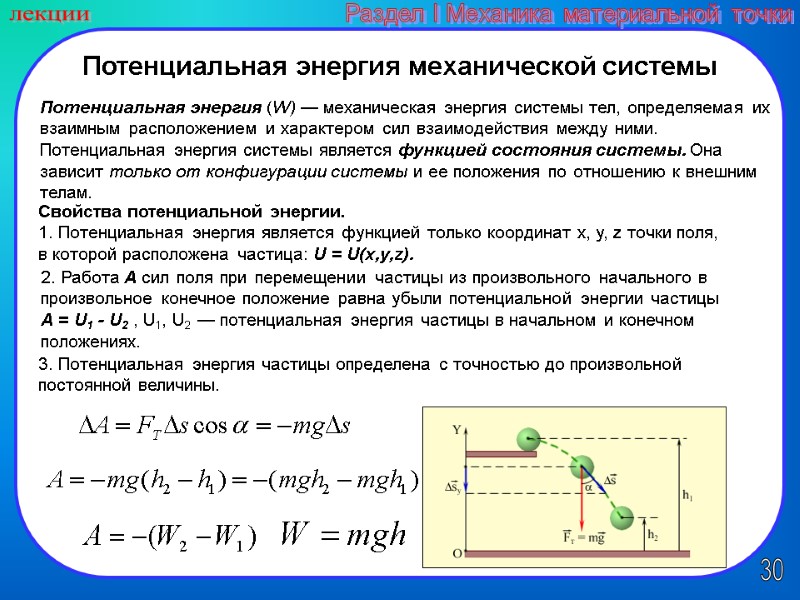 30 лекции Раздел I Механика материальной точки Потенциальная энергия (W) — механическая энергия системы